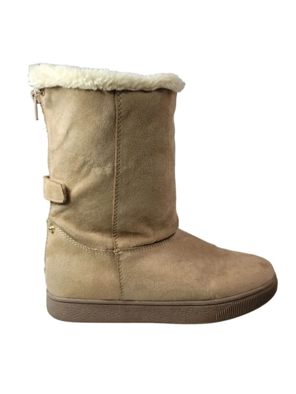 Cat & Jack Girls Fold Down Boots Tan SZ 2 Zip Snap Round Toe Faux Fur Faux Suede